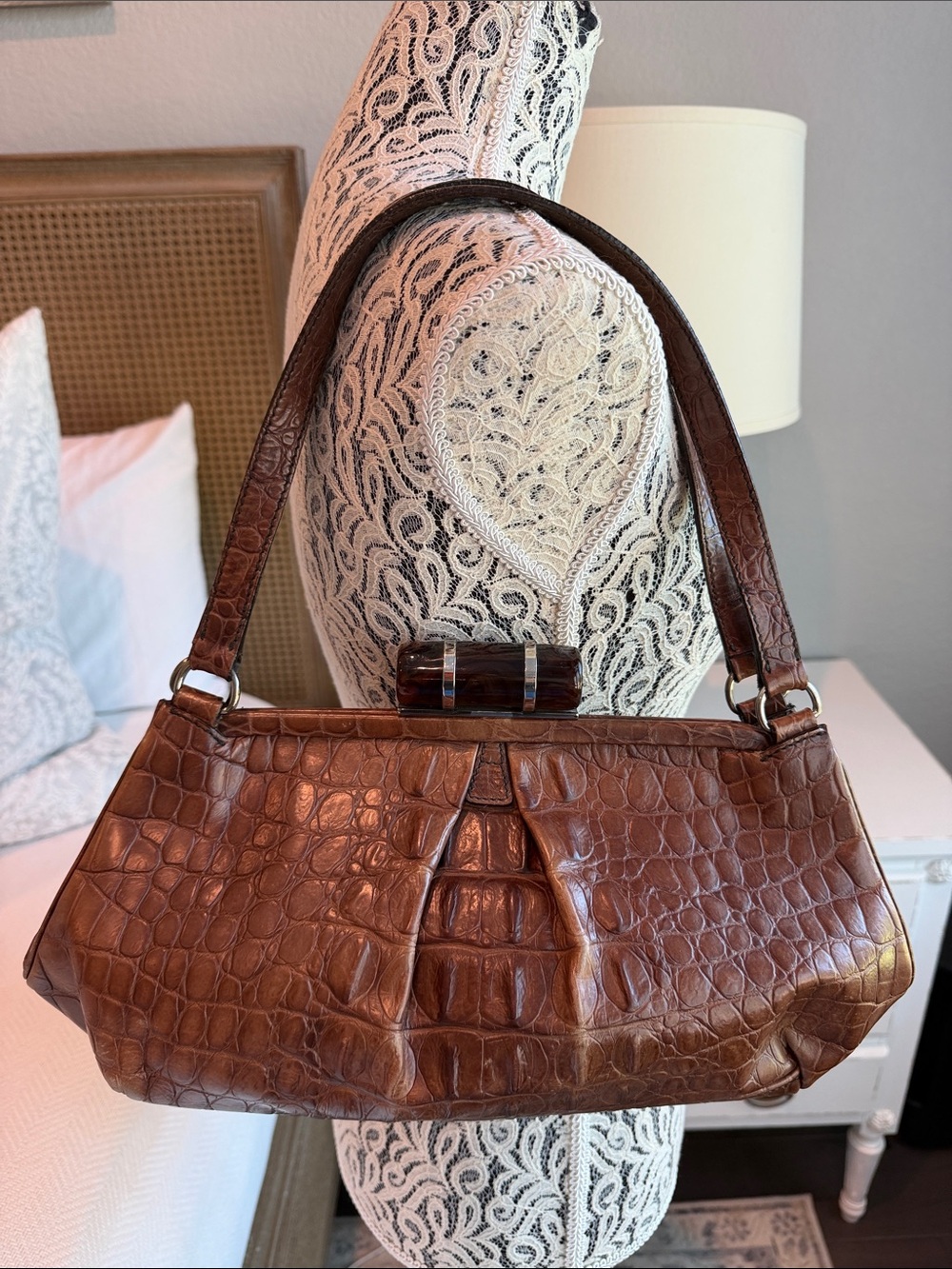 Vintage Miu Miu Women's Brown Croc-Embossed Leather Shoulder Bag